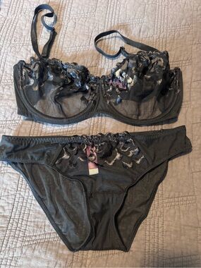 Adore Me Black Sheer Floral Embroidered Bra & Panty Set